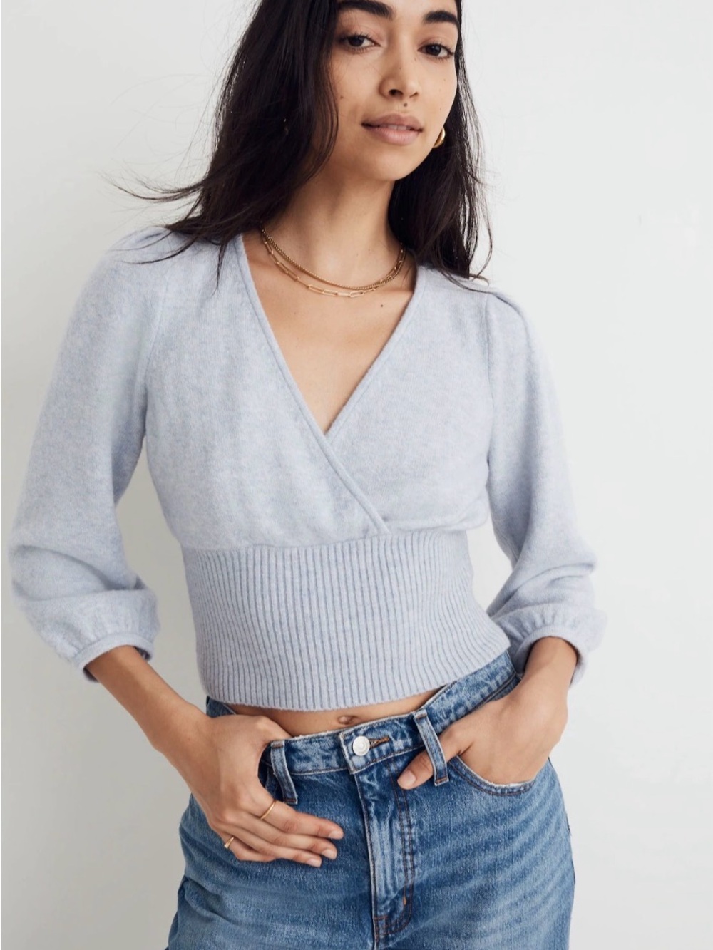Madewell Pale Blue Wrap V-Neck Sweater in Coziest Yarn